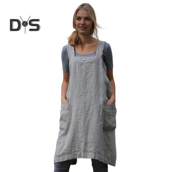 Women Bib Apron X Shape Back Bandage Design Wide Strap Large Pocket Apron Dress Kitchen Cooking Cleaning Tools