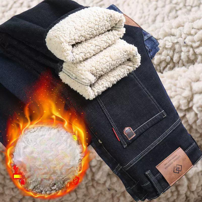 Winter Lambskin Jeans for Men, Thick and Warm, Loose Straight Leg Casual Elastic Business Pants