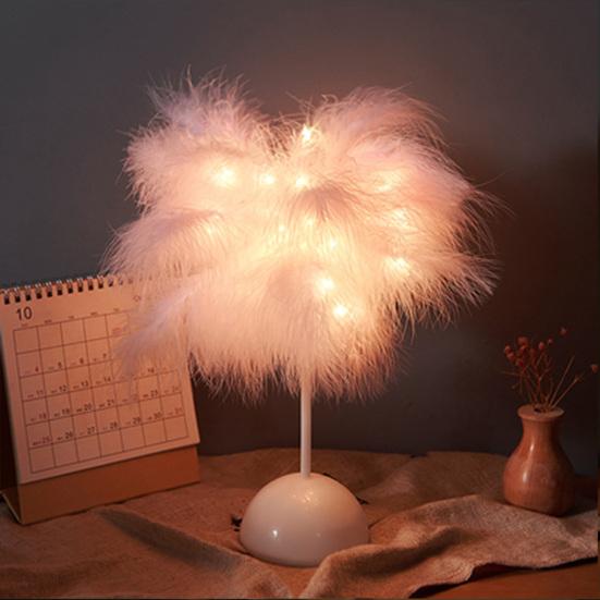 Feather Night Light Table Lamp LED Romantic Bedside Lamp for Girls Room Wedding Party Decor Battery Powered Decorative Accent Light
