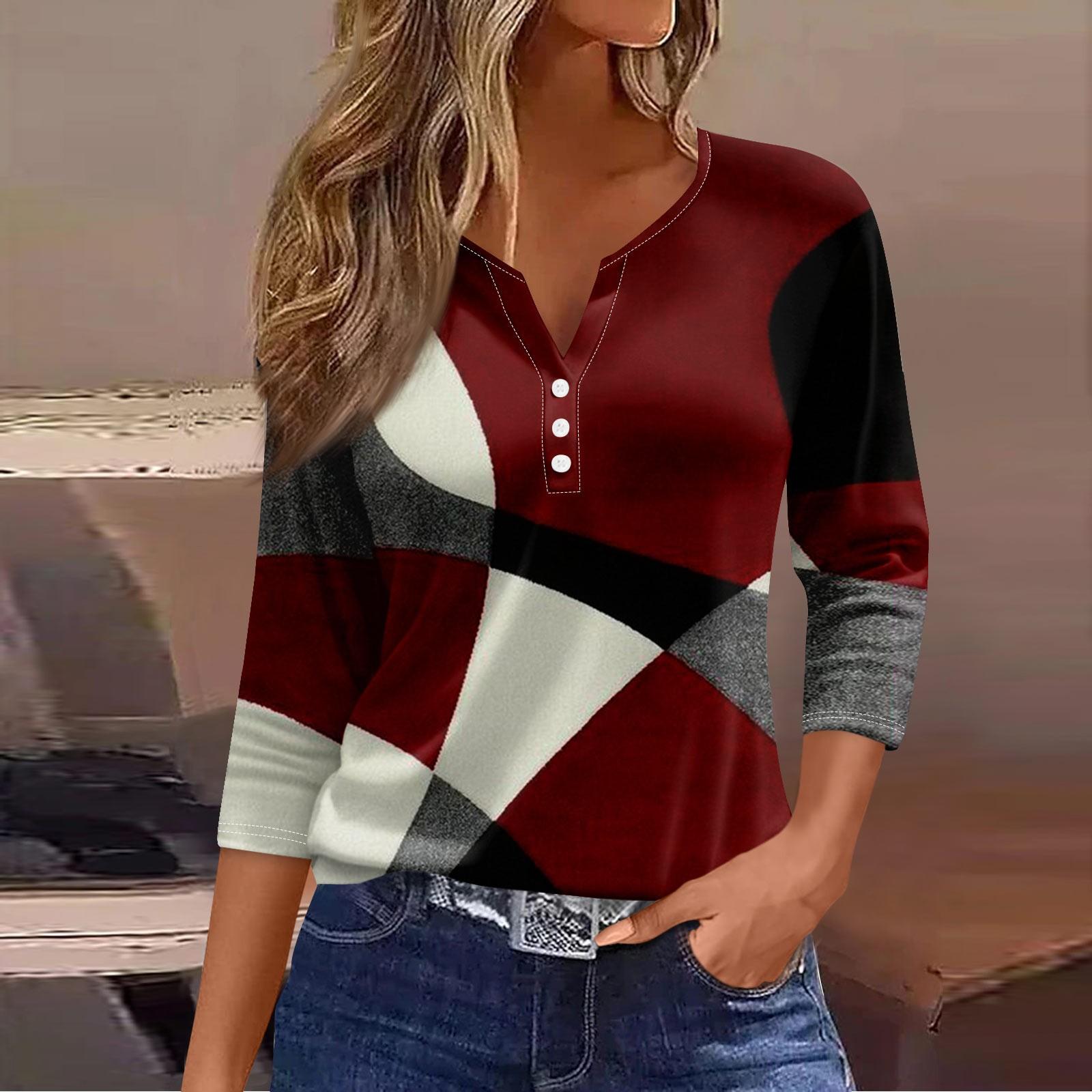 

Жен. Футболка Футболка С принтом Пуговицы Рукав 3/4 Повседневные Выходные Мода Классический V-образный вырез Обычный Топ XXXL красный