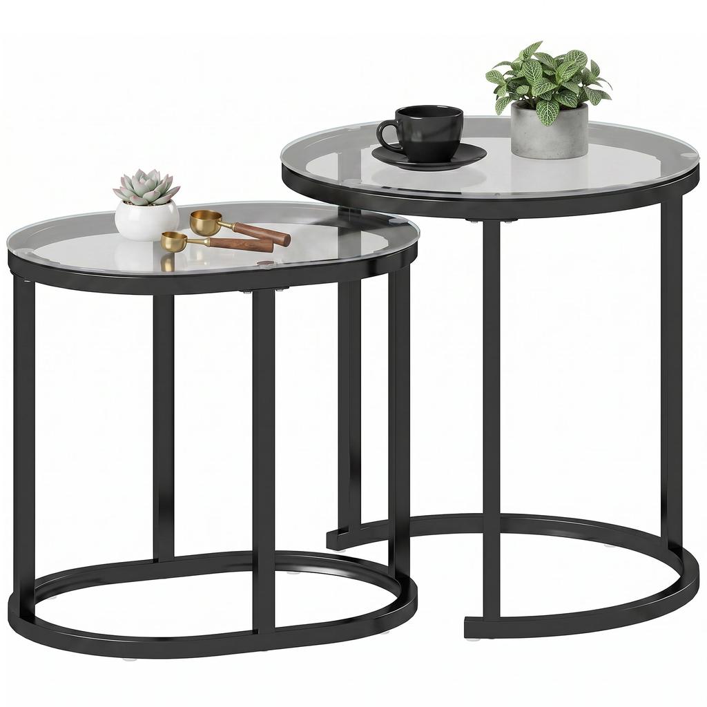 Nest Of Tables With Steel Frame And Tempered Glass Tabletop Modern Coffee Table Set Of 2 Black