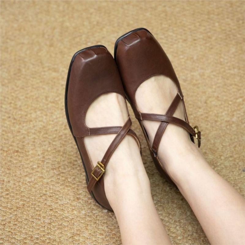 Johnature Genuine Leather Square Toe Mary Janes Shoes Retro Soft Sole Comfortable Buckle Women's Shoes
