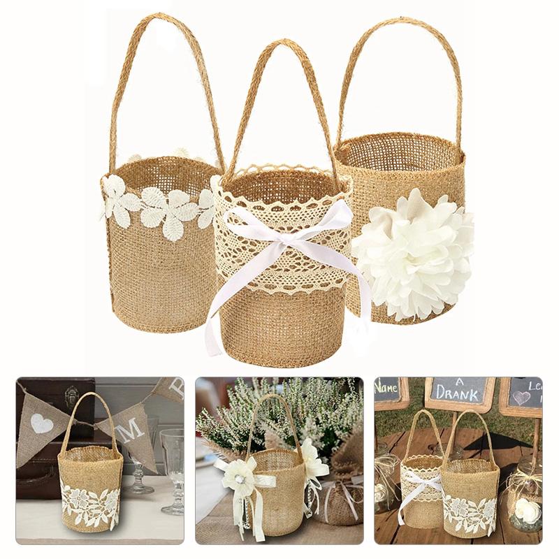 Wedding Lace Burlap Flower Basket Linen Handle Vintage Flower Basket Rustic Wedding Ceremony Lace Satin Flower Basket