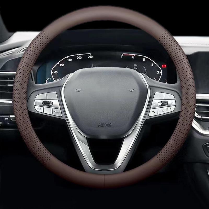 Nappa-Leder Auto Lenkradbezug, Universelle Passform 15 Zoll, Atmungsaktiver Rutschfester Schwarzer Griffbezug für Alle Jahreszeiten