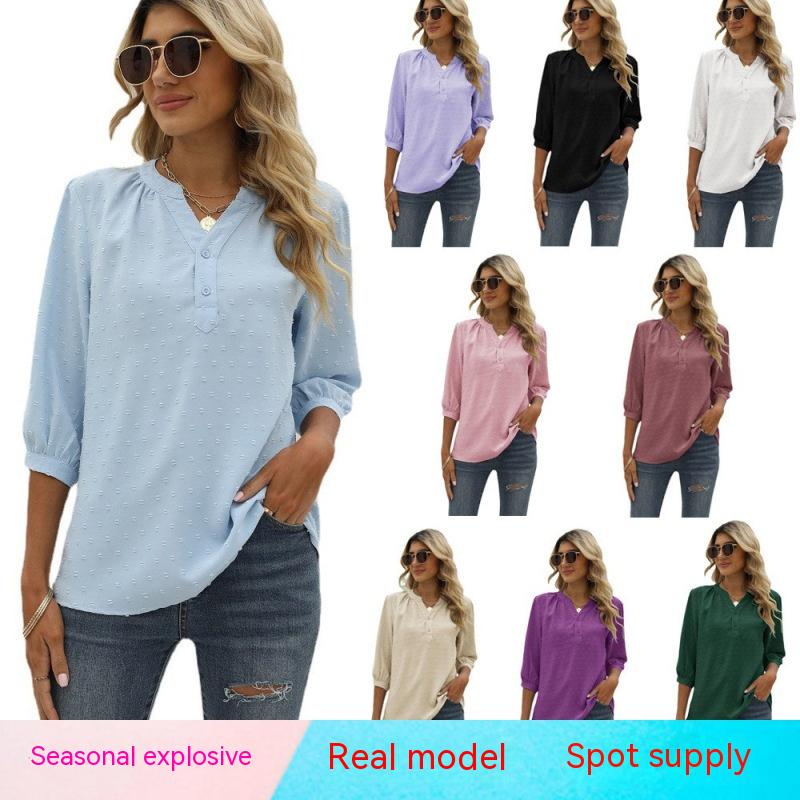 

Женская большая футболка, летняя новая рубашка с v-образным вырезом и средним рукавом, жаккардовый повседневный свободный топ S-2XL