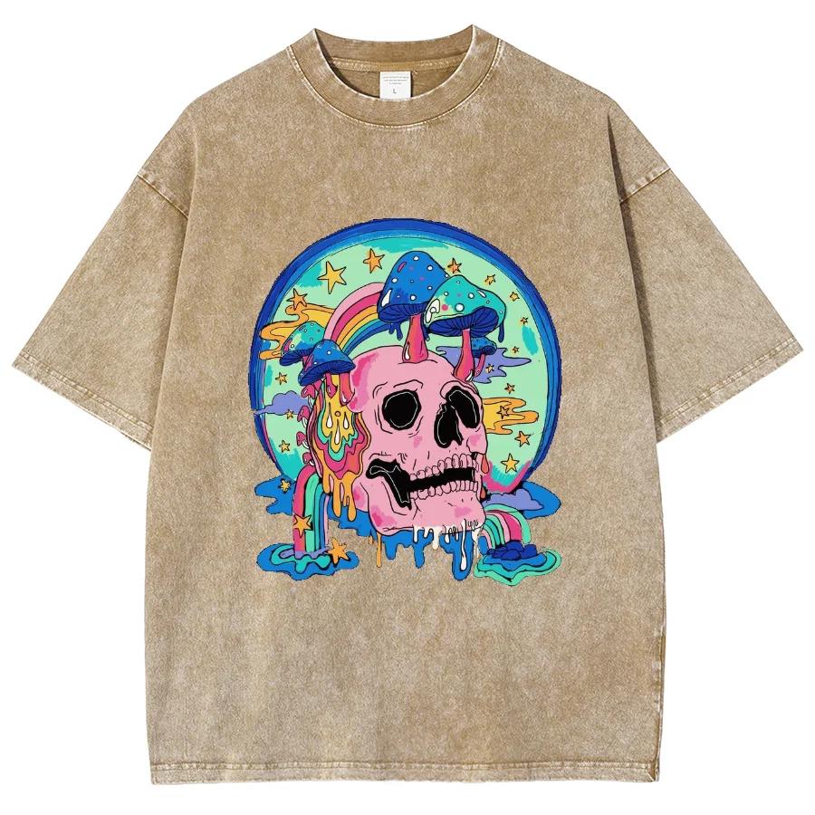 Funny Skull Print Ladies T-Shirt Unisex Wash Loose Oversized Short Sleeve Street Top Tee Summer