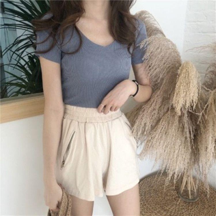 V-neck knitted sweater women's summer ice silk T-shirt new short-sleeved bottoming shirt women's slim top