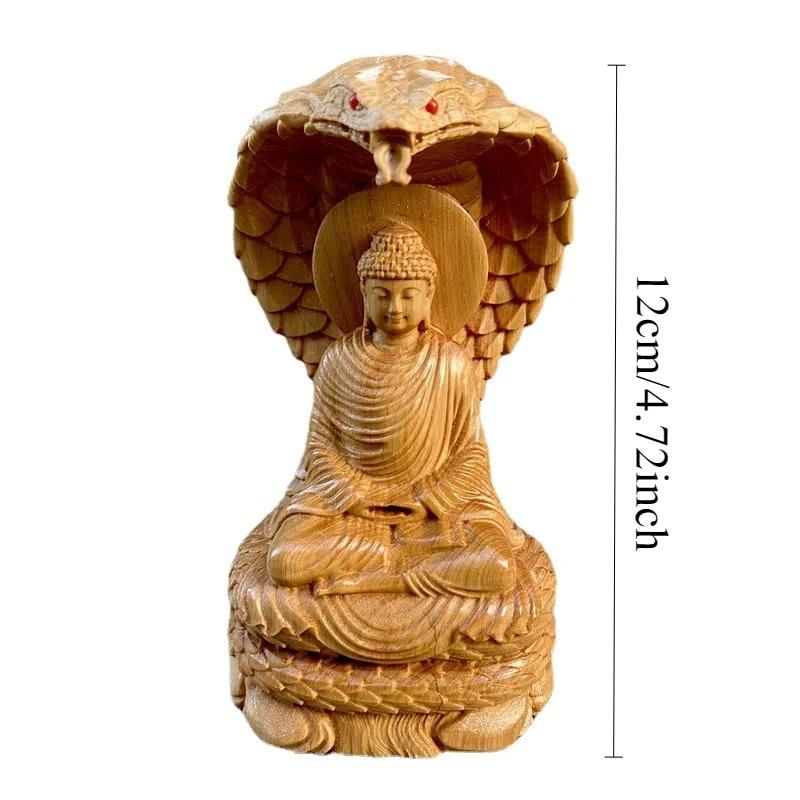 

1PC Snake Buddha Statue Cliff Cypress Wood Carving Snake Protecting Buddha Figurine Living Room Ornaments Home interior Decor