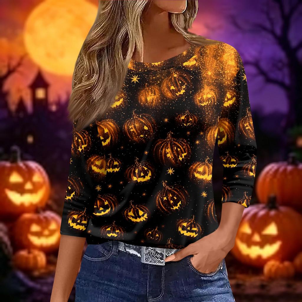 Women's Halloween Print Casual Loose Fit Round Neck Three Quarter Sleeve Shirt Lightweight Comfortable Top for Fall Season