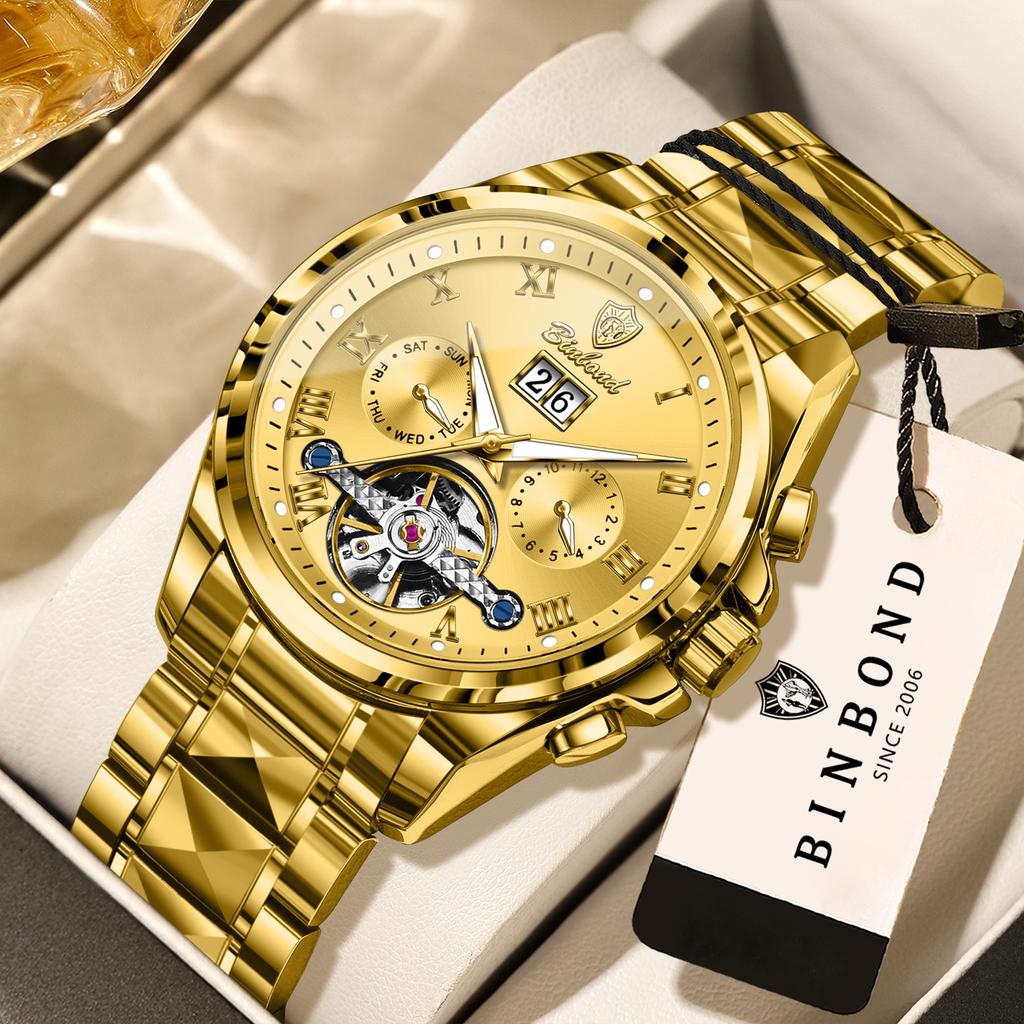 BINBOND Mechanical Wristwatches For Men Tourbillon Luminous Waterproof Automatic Men's Watch Original Skeleton Luxury Reloj