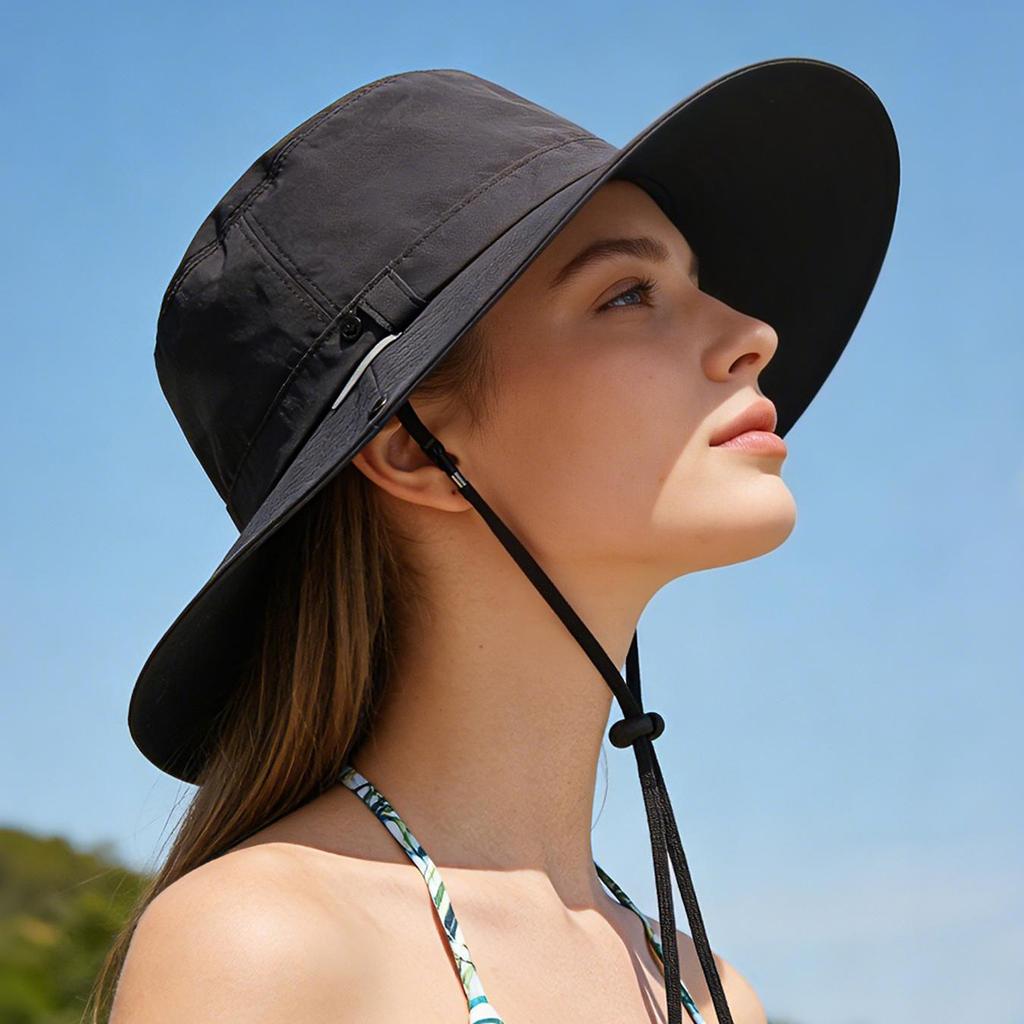 Chapeau seau de protection solaire avec mentonnière coupe-vent, Chapeau de pêche d'extérieur à large bord pour hommes femmes
