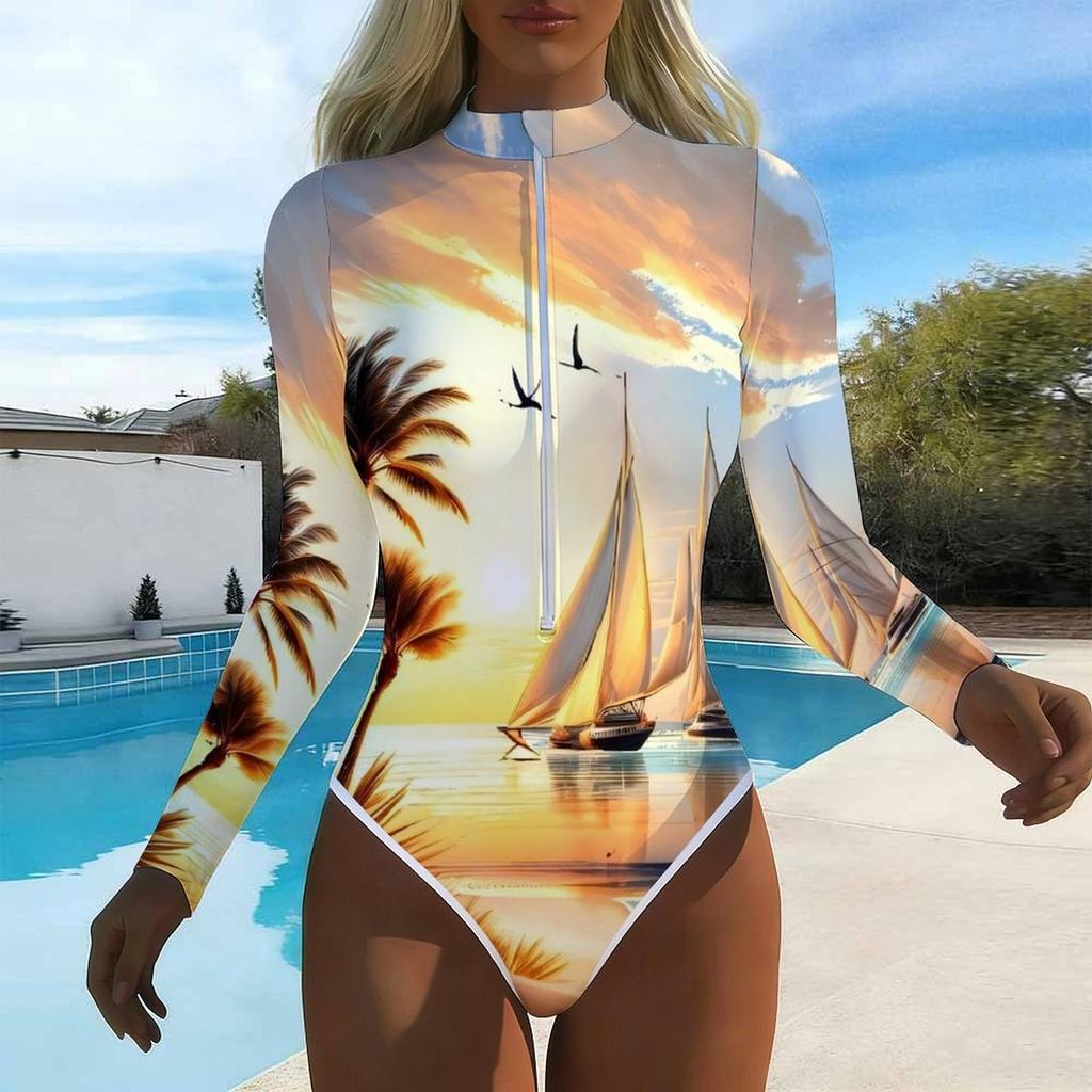 Women Long Sleeve One Piece Swimsuit Zip Front  Sea Turtle Print Rash Guard Surfing Bathing Suit