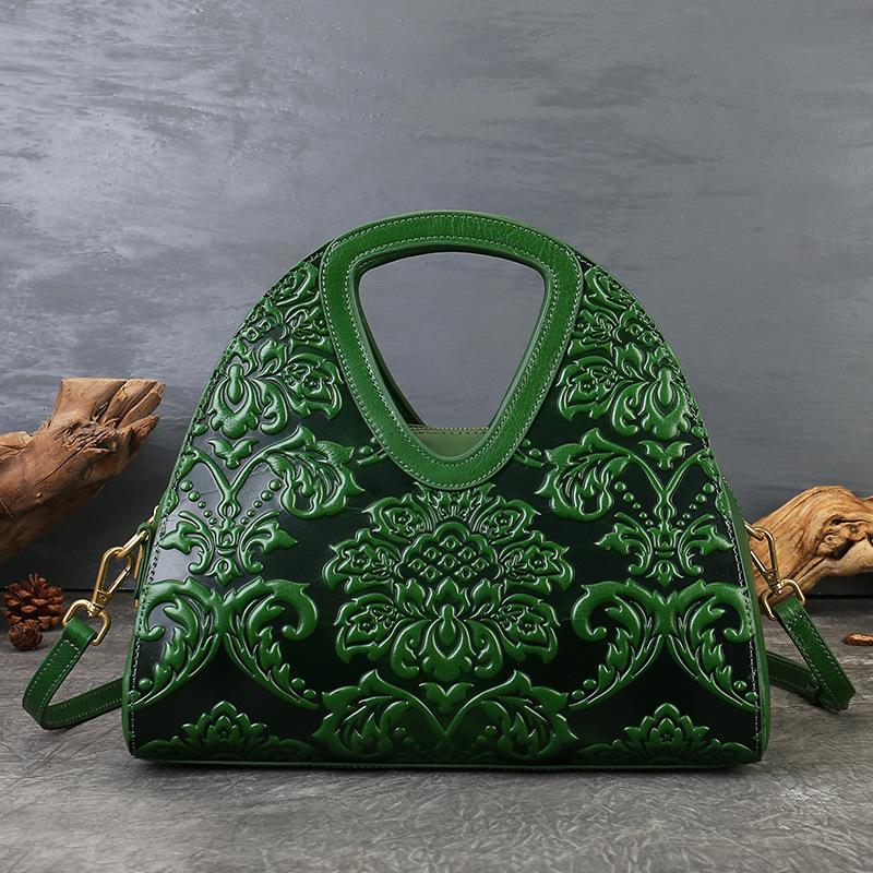 

Johnature Retro Ethnic Style Women s Handbag Genuine Leather Embossed Versatile Shoulder Crossbody Bag зелёный