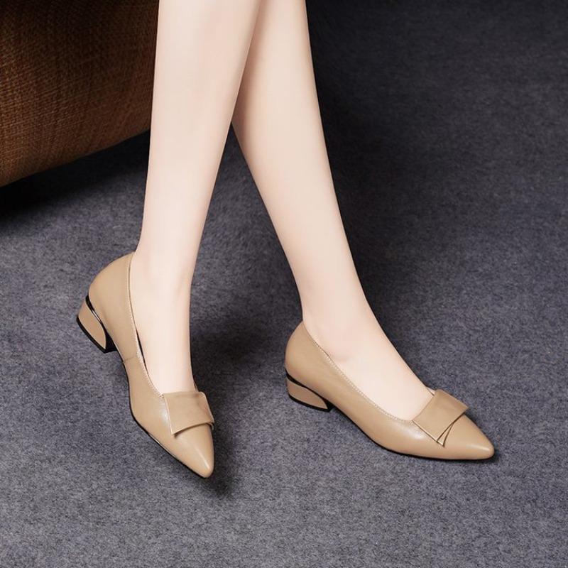 Versatile Soft Leather Rough Heel Single Shoes Women's Autumn New Soft Sole Women's Shoes Shallow Mouth Pointed Work Shoes Small Leather Shoes
