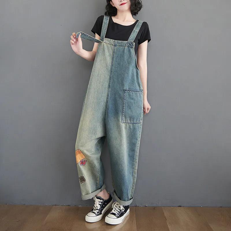 Džínové kombinézy Dámské letní nadměrné velikosti Korejský styl Omlazující kontrastní barva Patch Kombinéza Kalhoty Trend