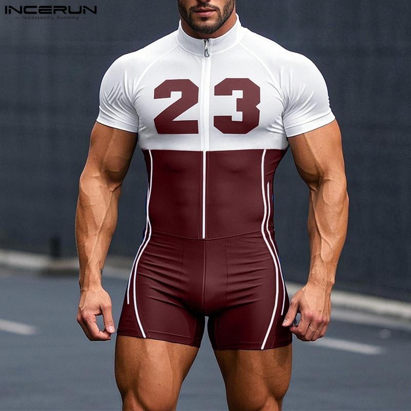 INCERUN Men Short Sleeve Letter Print Patchwork Fitted Pajamas Jumpsuits Romper Bodysuits
