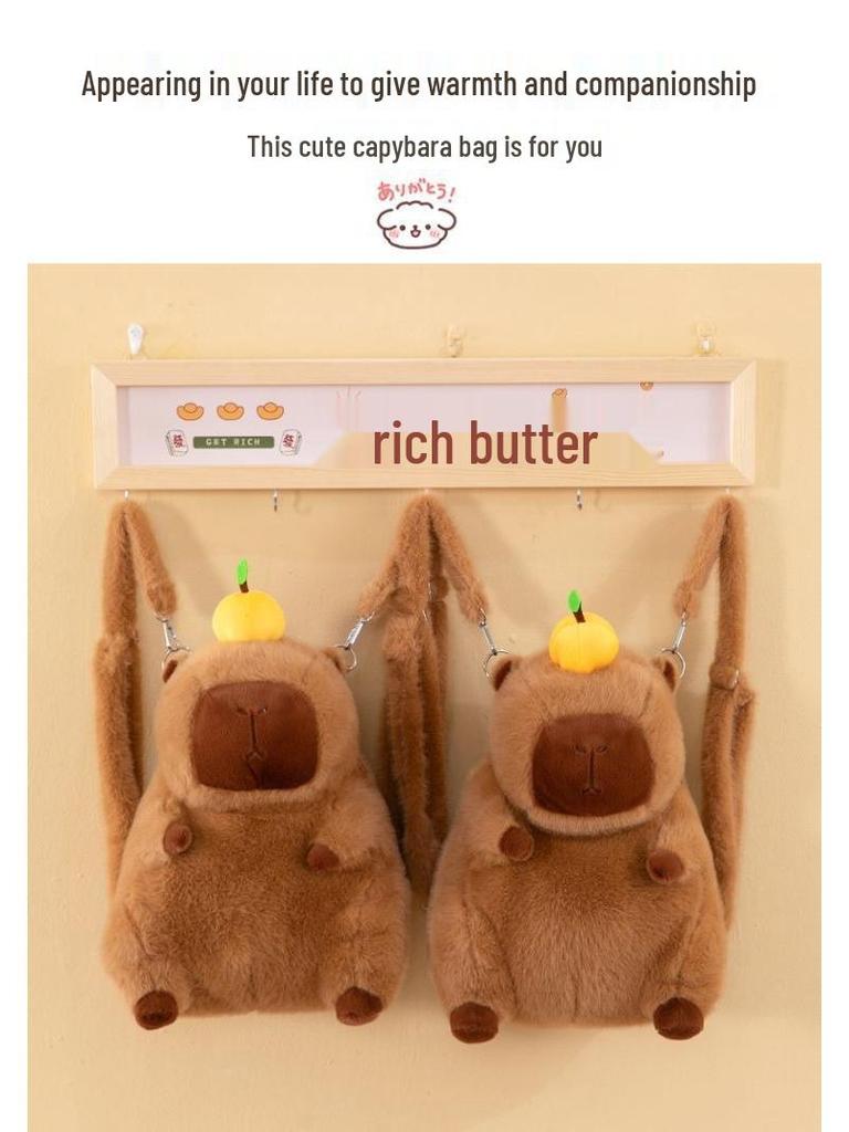 Capybara Cartoon Orange Plush Backpack: Women's Large Fuzzy Double Shoulder Bag