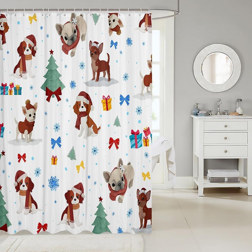Christmas Puppy Shower Curtains Festive Pet Bathroom Curtain Kids Women Men Cute Dog Bathroom Accessories Xmas Tree Snowflake