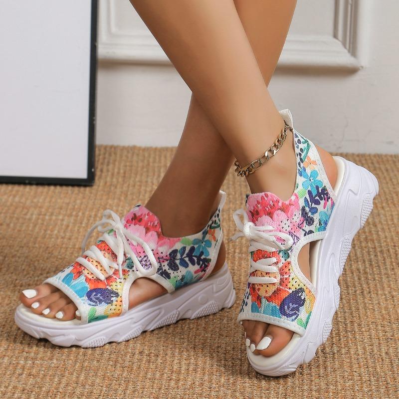 New Mesh Fly-woven Color Front Lace-up Fish Mouth Hollow Platform Sandals Casual Sandals