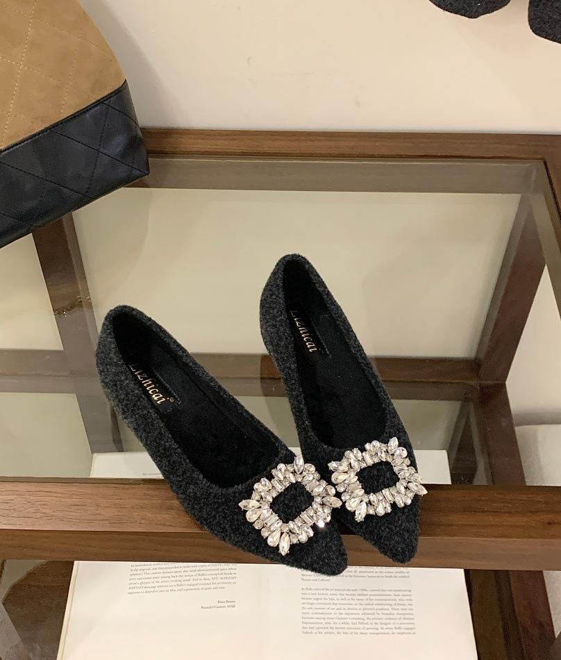 2025 autumn and winter new round head rhinestone buckle mink hairy thick heel foot cover plush warm women's cotton shoes