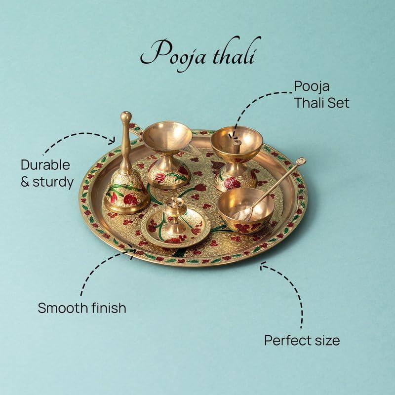 Набор для пуджи (5 предметов), Brass Meenakari Pooja Thali Set,  Nestroots