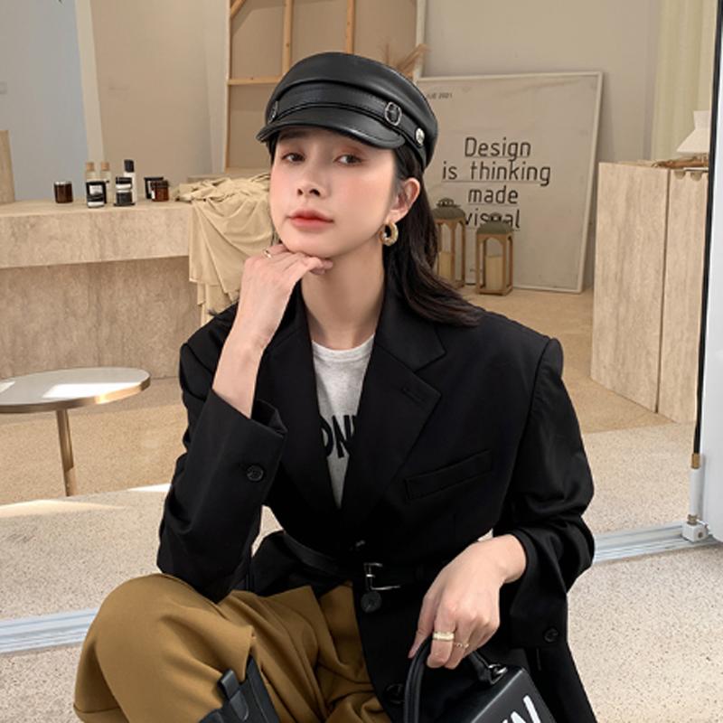 Nou 2022, primăvară, toamnă, iarnă, pălărie elegantă pentru femei, pălării militare, șapcă din piele naturală, șapci plate, vintage, din piele de oaie