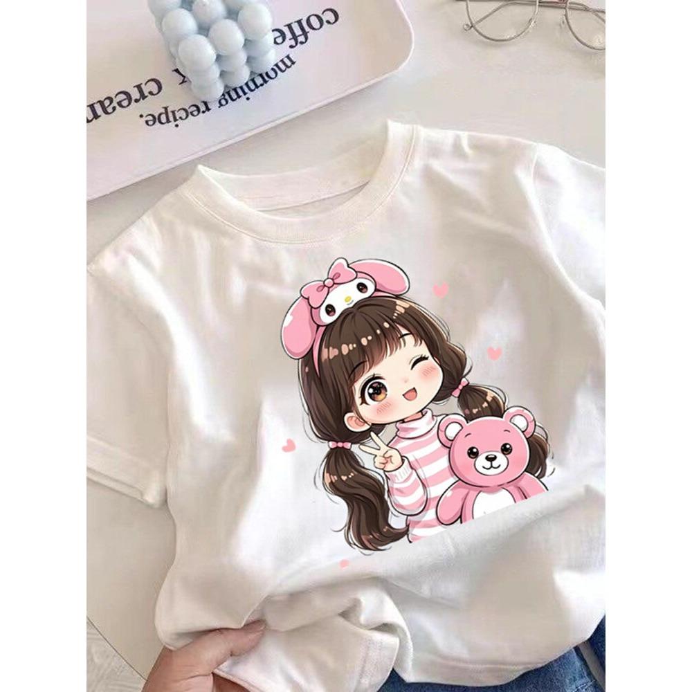 Kurumi girls' short sleeved T-shirt, cute cartoon short sleeved summer children's top, round neck printed T-shirt