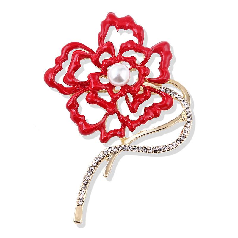 Fashion Pearl Big Red Flower Brooch Original Personality Pure Handmade Oil Drop Coral Corsage Female Accessories Long-Lasting Color Exquisite Brooch