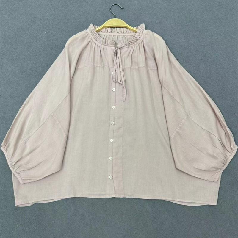 Johnature Japanische Casual Loose Bat Shirts Einfarbige Shirts Sommer Vintage Rüschen Kragen Krawatte Tops Frauen
