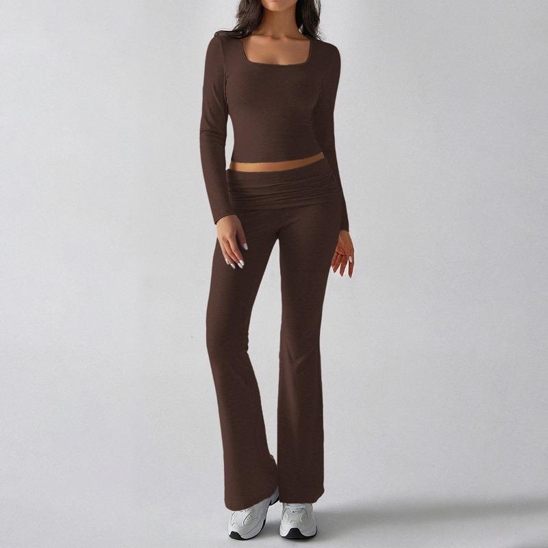 Autumn Women's Solid Colour Casual Knit Long Sleeve Top Yoga Wear Pants Suit