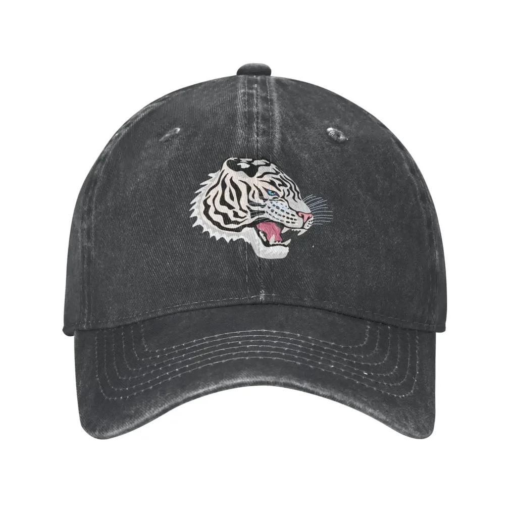 White Tiger Face Adjustable Washed Denim Low Profile Dad Trucker Hat Black Fitted Baseball Ball Cap for Men Unisex Headwear