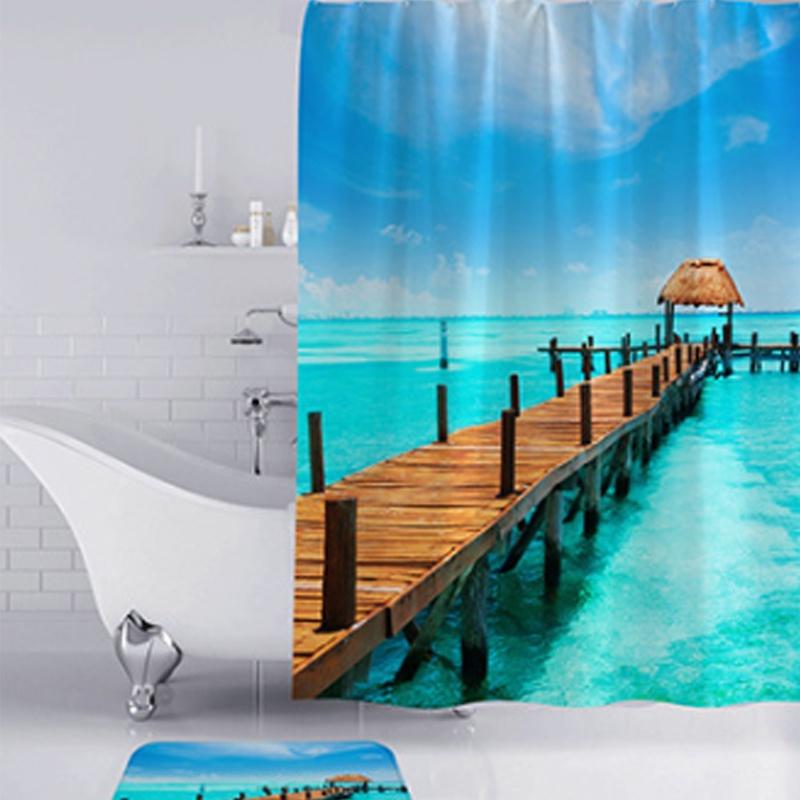 Wasserdichtes Seeufer Kai Seebrücke Blaue Muschel Seestern 3D-Druck Duschvorhang