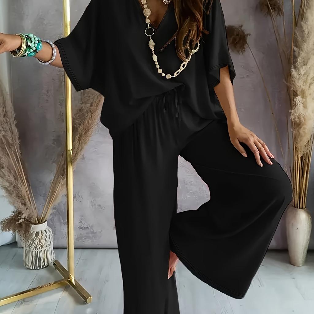 Women Casual Solid Color Pants Set V Neck Half Sleeve Top Wide Leg Outfit Summer Spring Lounge Wear
