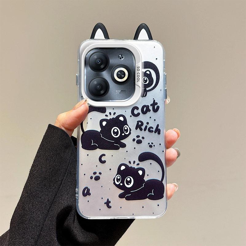 KEYSION Cute Ear Cartoon Case for Infinix Hot 40i with Lanyard Soft Silicone+PC Shockproof Phone Cover for Infinix Smart 8 HD