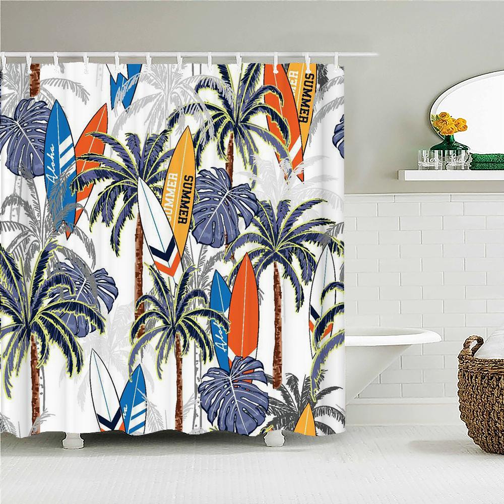 Sonnenlicht Strand Wasserdichtes Stoff Duschvorhänge 3D Druck Palme Badezimmervorhang Für Badezimmer Badewanne Dekoration Mit Haken