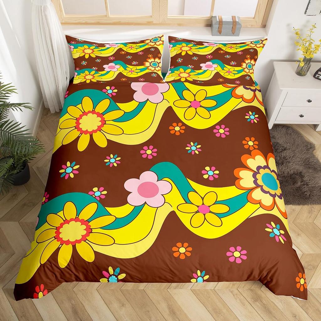 Erosebridal 60S 70S Hippie Duvet Cover Twin Vintage Boho Sun Bedding Set Groovy Flowers Clouds Love Hearts Comforter Cover for Kids Girls Te
