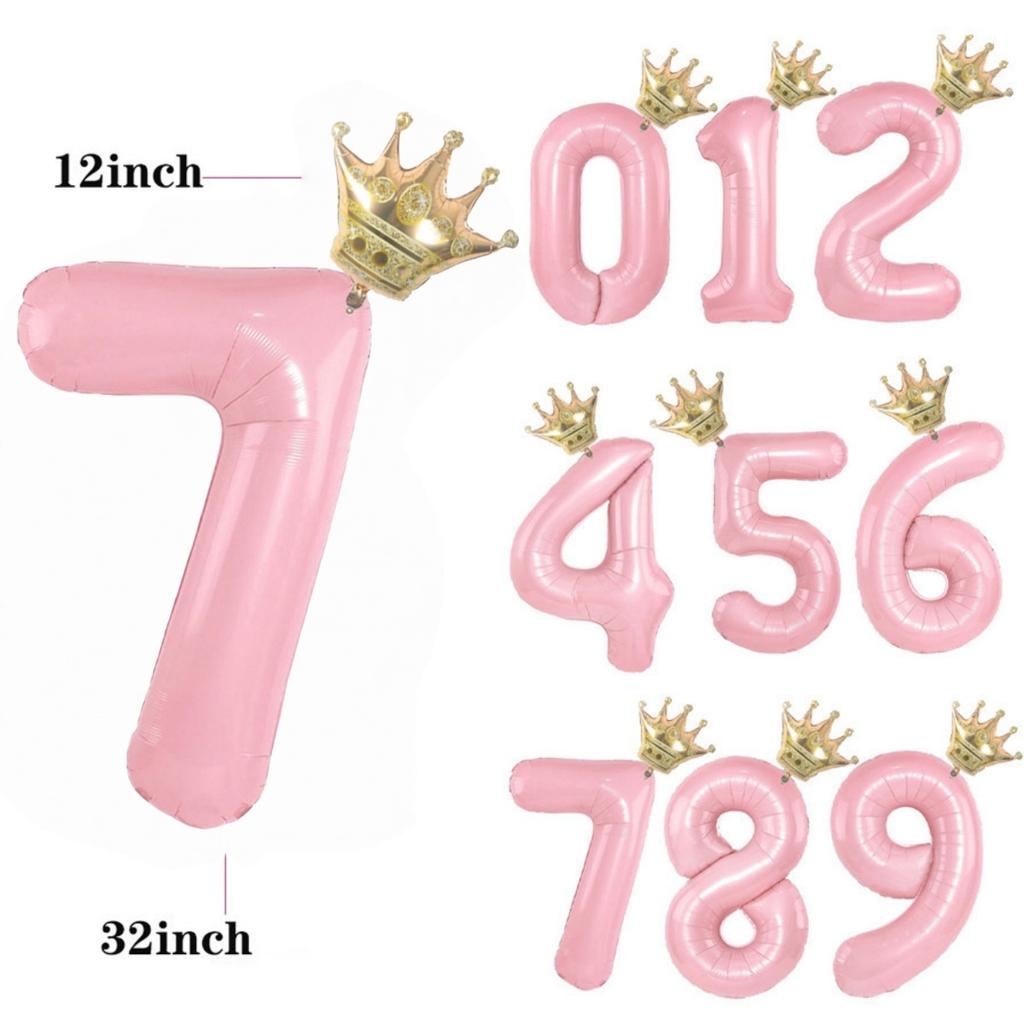 32/42inch Crown Decor Pink Aluminum Foil Digital Balloon Number Balloon For Birthday Party Decor Supplies Girls Birthday Favor