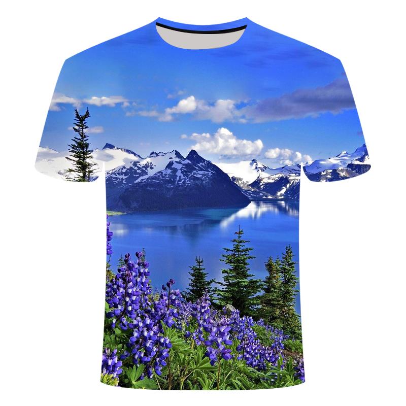 Summer Mountains and Rivers Graphic T Shirts For Men Fashion Natural Scenery Pattern T Shirt Handsome Casual 3D Print T-shirt