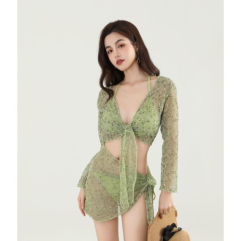 

Hot Bikine Bikini Split Four-piece Long-sleeved High-end Design Backless Strap Swimming Dress S