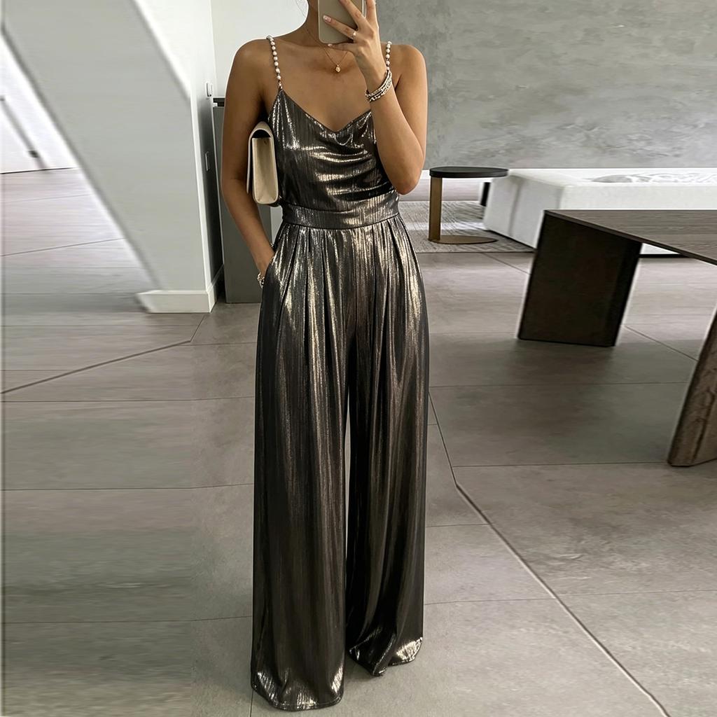 Sleeveless Wide Leg Jumpsuit for Women with Spaghetti Straps and Shimmering Fabric for Elegant Occasions and Events