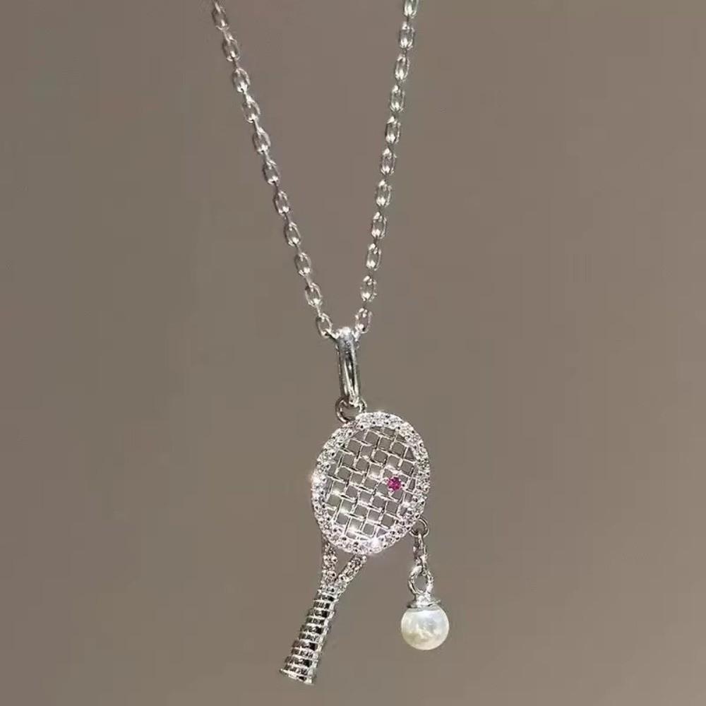 Pearl Chain Racquet Pendant Necklace Exquisite Design Zircon Pearl Chain Necklace  For Women