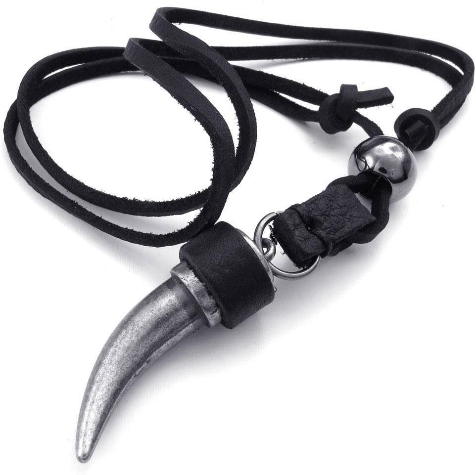 jonline24h Mens Adjustable Tribal Wolf Tooth Pendant Leather Necklace Chain Brown Black Silver