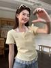 Pure lace splicing neck short-sleeved T-shirt women's summer slim and thin design chic short top