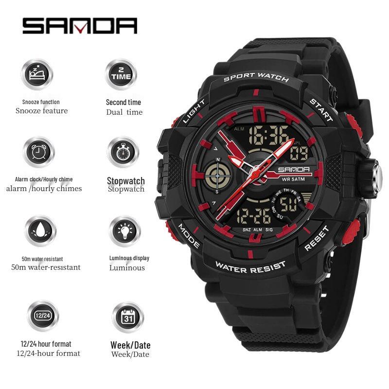 Sanda Multifunction Sports Watch: Waterproof, Men s Student Party Wristwatch with Snooze and Night Light