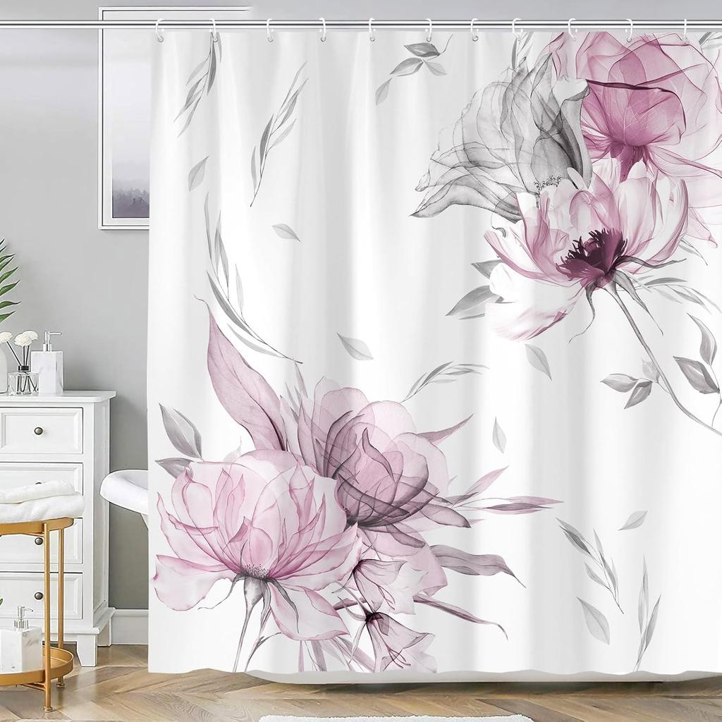 Floral Shower Curtain - Purple & Grey Flowers, Rustic Farmhouse Boho Watercolor Design, Polyester, 12 Hooks, Bath Decor