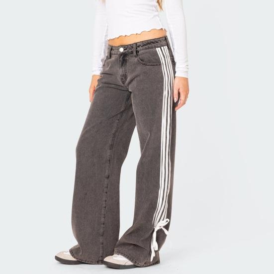 Women's Side Striped Bow Tie Jeans Boyfriend Low Rise Baggy Denim Pants Casual Straight