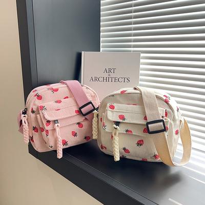 Petit sac en velours côtelé pour femme, nouveau velours côtelé rayé, mode, impression fraise, sac pour téléphone portable, sac bandoulière décontracté, tendance