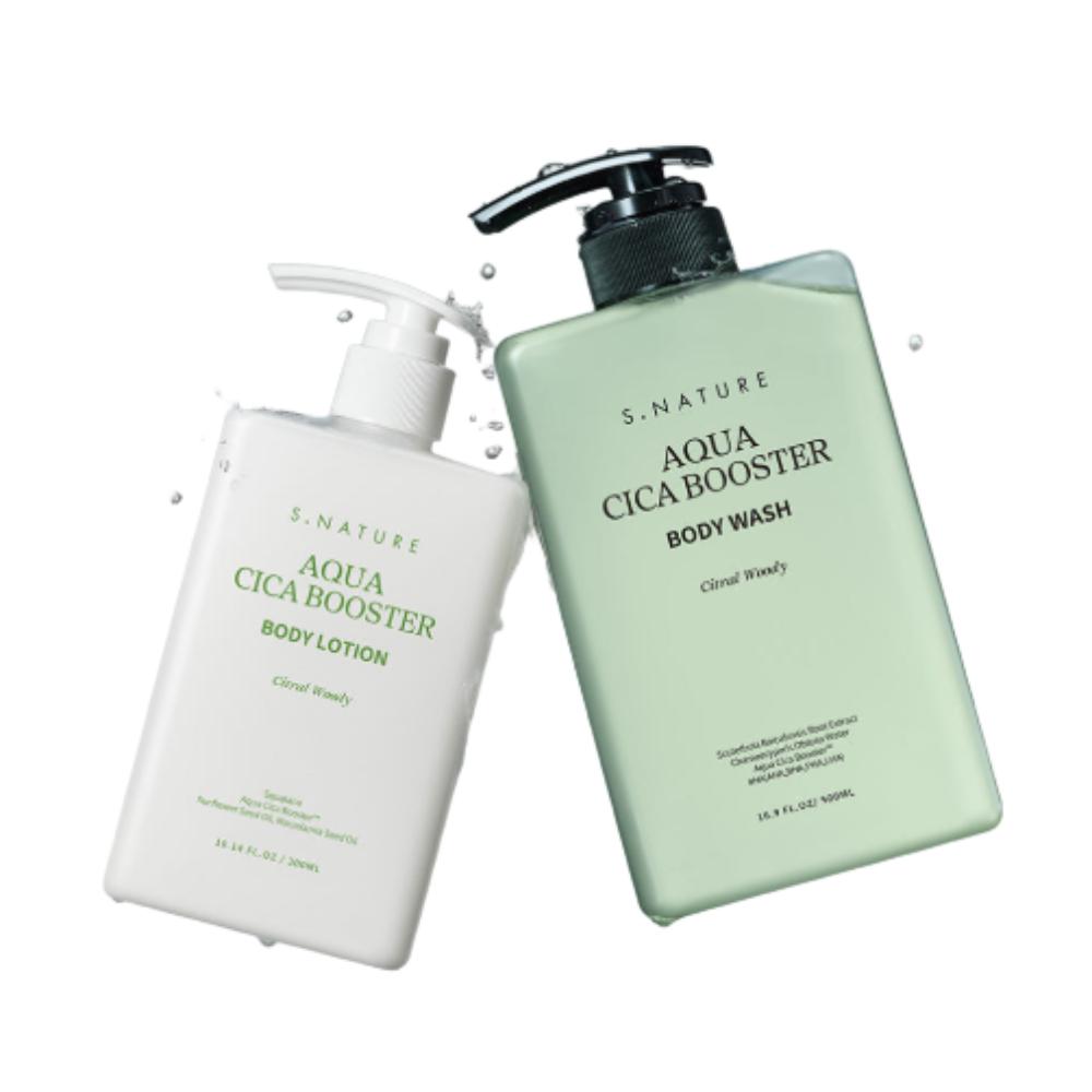 S-NATURE Aqua Cica Booster Body Duo Set (Body Wash 500ml + Body Lotion 300ml) Soothing & Hydrating Complete Body Care