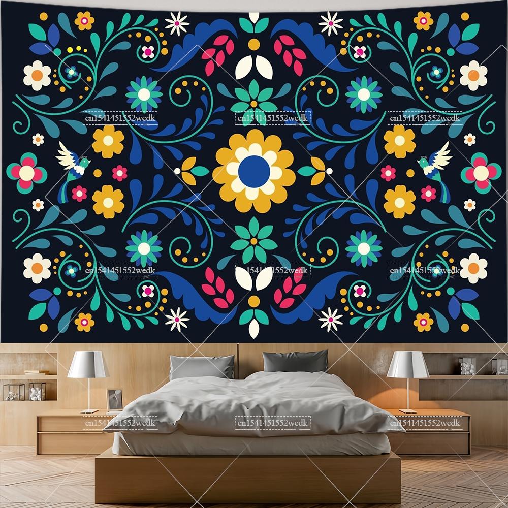 Mexiko Blumenteppich Mexikanische Pflanze Blumen Stickerei Ethnisch Otomi Vögel Wandteppiche Ästhetische Raumdeko Illustrationen Hintergrund