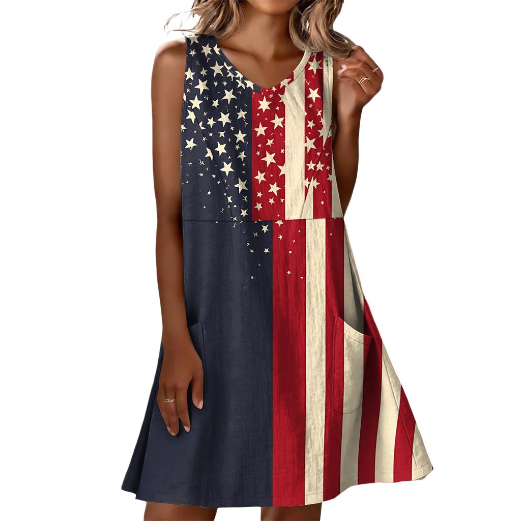Letnie Sukienki Damskie Luźne na Plażę Wakacje Codzienne Bez Rękawów Dekolt V Sukienki Letnie Z Kieszeniami Sukienka na Ramiączkach